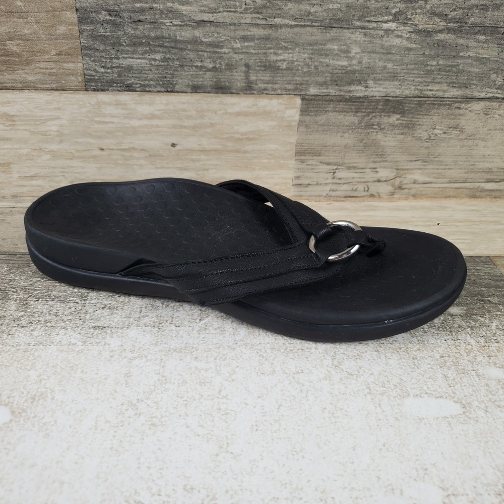 Vionic Tide Aloe Womens Sandals Sz 8 M Black Leather Post Toe Thong Slip On